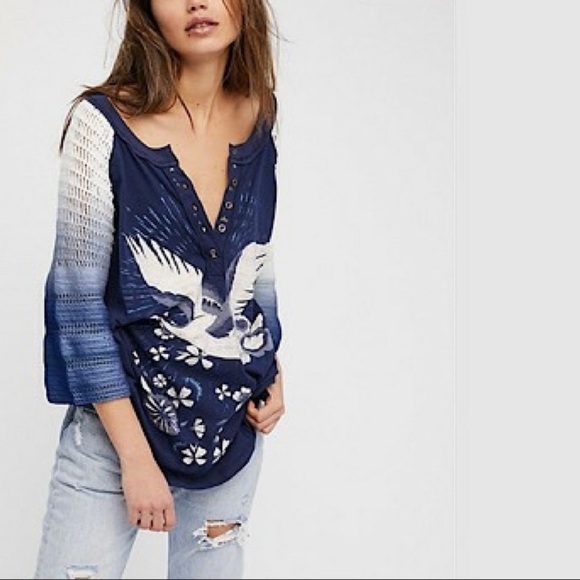 Free People Tranquility Graghic Crochet Sleeve Top - S - Picture 2 of 13